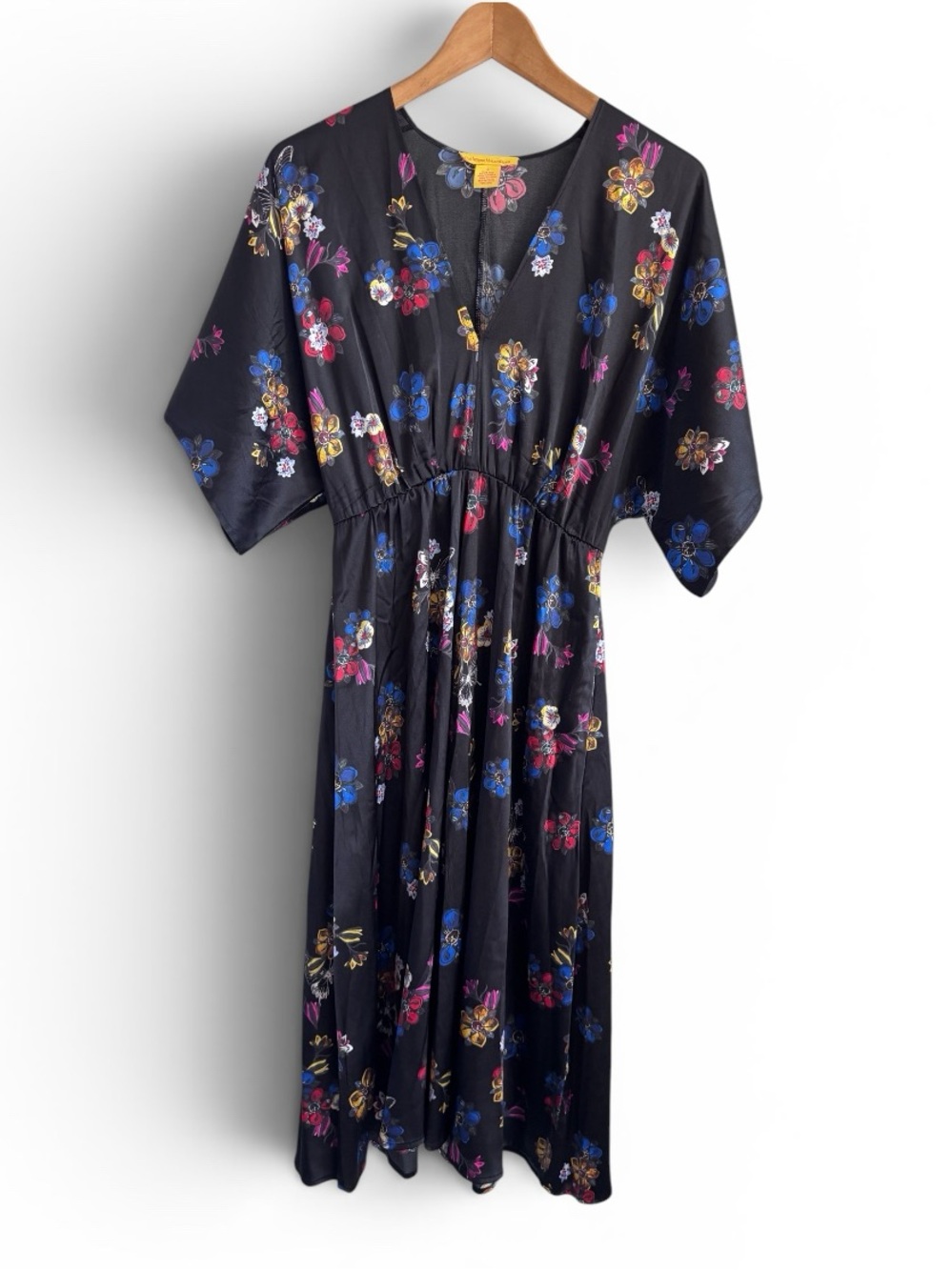 Vintage Catherine Malandrino Silk Black Floral V-Neck Midi Dress Size 4